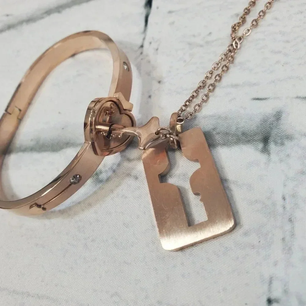 Rose Gold Lock and Key Bracelet and Necklace Couples Jewelry